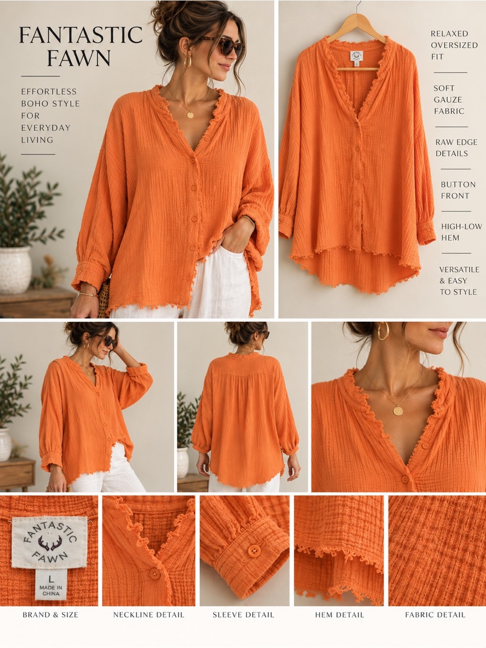 Fantastic Fawn Orange Gauze Button Front Boho Top Blouse L